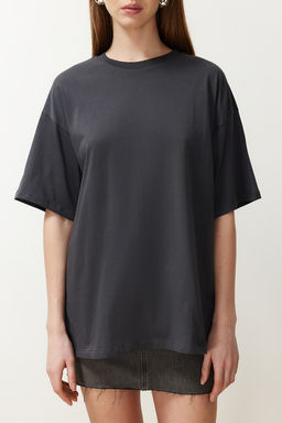 TRENDYOLMILLA Beyaz %100 Pamuk Bisiklet Yaka Oversize/Genis Kal?p Orme T-Shirt TWOSS20TS0134  фото 43