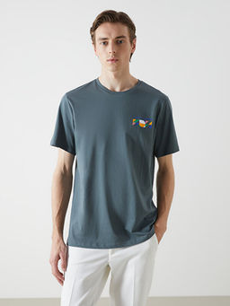 Bisiklet Yaka K?sa Kollu Bask?l? Penye Erkek Ti??rt