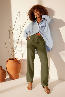 Haki %100 Keten Yuksek Bel Wide Leg Pantolon TWOSS24JE00246 - Trendyolmilla фото 7