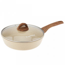 Сковорода с тефлоновым покрытием д26см "Гармония", h7см, стеклянная крышка с пароотводом, пластмассовая ручка с покрытием "soft-touch" под дерево, "Оникс", подарочная упаковка (Россия)