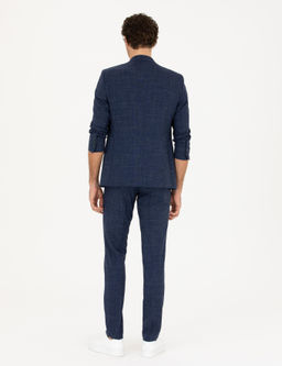 Lacivert Slim Fit Y_n Keten Kar___ml_ Tak_m Elbise