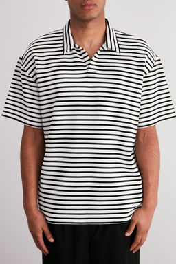 TRENDYOL MAN Ekru Oversize/Genis Kesim Limited Edition Cizgili Dokulu Polo Yaka T-shirt TMNSS24PO00021 - Trendyolmilla фото 4