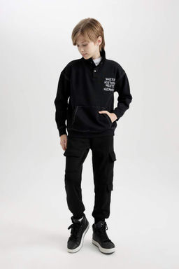 Черная толстовка оверсайз с широкой водолазкой и принтом для мальчиков - Defacto фото 2
