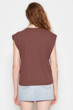 Kahverengi %100 Pamuk Vatka Gorunumlu Basic Bisiklet Yaka Orme T-Shirt TWOSS20TS0021