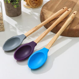 Ложка силиконовая гарнирная Доляна Бамбук, 34 см, цвет МИКС фото 3