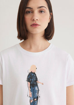 Denim K?z Bask?l? Beyaz Istanbul Tisort - Mavi фото 5