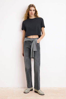 Mavi Kesik Paca Yuksek Bel Az Esnek Straight Duz Kesim Jeans TWOSS26JE00094 - Trendyolmilla фото 5