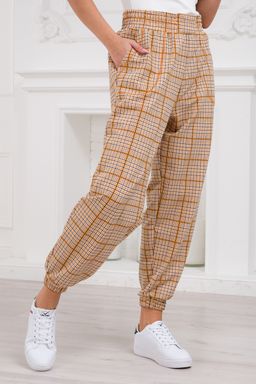 Брюки женские из футера Забава клетка горчица - Амадэль фото 4