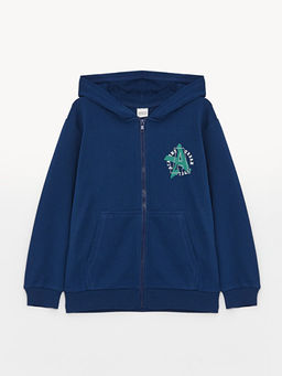 Kap??onlu Bask?l? Uzun Kollu Erkek ?ocuk Fermuarl? Sweatshirt