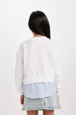 Белый свитшот свободного кроя для девочек с круглым вырезом и пуговицами - Defacto фото 6