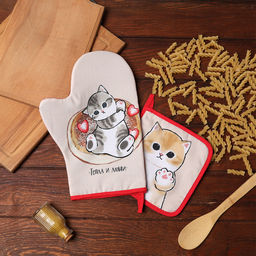 Набор кух. Доляна Котик: варежка 20х28 см, прихватка 17х17 см, 35% хл, 65% пэ  фото 7