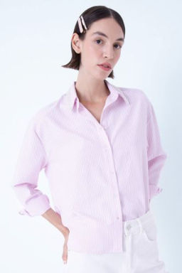 Oversize Genis Kal?p Cizgili Yaka Boncuklu Oxford Uzun Kollu Gomlek