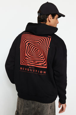 TRENDYOL MAN Siyah Oversize/Genis Kesim Kapusonlu Labirent Bask? Polar Pamuk Sweatshirt TMNAW24SW00201 - Trendyolmilla фото 9