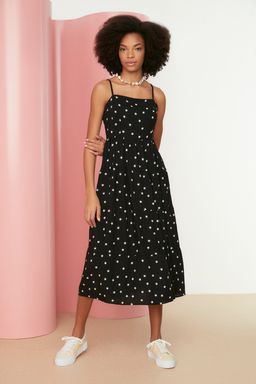TRENDYOLMILLA Indigo A Kesim Cicek Desenli Ask?l? Midi Dokuma Elbise TWOSS21EL1341