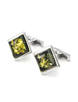 Запонки в классическом стиле из натурального янтаря зеленого цвета Квадрат