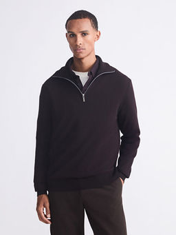 Standart Kal?p Dik Yaka Erkek Fermuarl? Sweatshirt