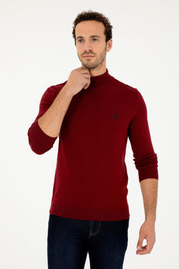 Erkek Slim Fit Yar_m Bo_azl_ Bordo Basic Kazak