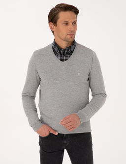 A__k Gri Melanj Slim Fit V Yaka Basic Triko Kazak - Pierre cardin фото 3