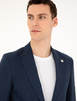 Lacivert Ex. Slim Fit %100 Keten Tak_m Elbise