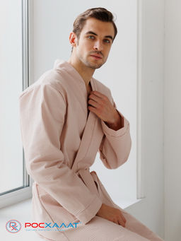 Мужской вафельный халат с планкой бежевый В-03 (31)