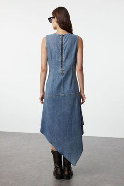 Mavi Dikis Detayl? Asimetrik Midi Denim Elbise TWOAW25EL00091 - Trendyolmilla фото 4