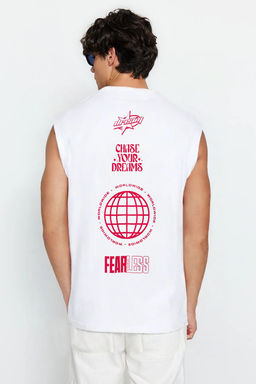 Trendyolmilla Man Beyaz Oversize/Genis Kesim %100 Pamuklu Bask?l? T-Shirt TMNSS25AL00003