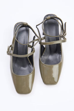 Haki Mary Jane Bilekten Bagl? Kare Burun Kad?n 4 cm Topuklu Ayakkab? TAKSS24TO00009