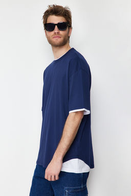 Lacivert Oversize/Genis Kesim Beyaz Panelli K?sa Kol %100 T-Shirt TMNSS22TS0225 - Trendyolmilla фото 2