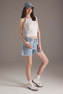 Ac?k Mavi Puskul Detayl? Yuksek Bel City Boy Denim Sort TWOSS25SR00145