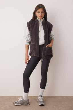 Antrasit Oversize/Genis Kal?p Cep Detayl? Fermuarl? Pelus Kolsuz Orme Yelek TWOAW26YE00021