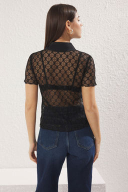 Siyah Dantel Kumas Yar?m Kol Regular Normal Kal?p Dokuma Gomlek TWOSS25GO00092 - Trendyolmilla фото 5