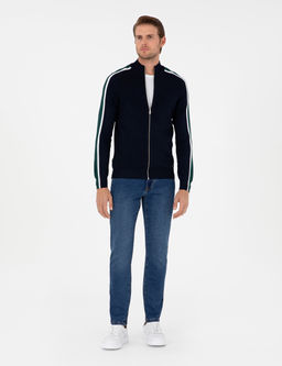 Lacivert Slim Fit Y_n Kar___ml_ Fermuarl_ Triko H_rka