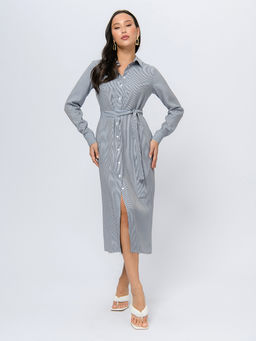 Платье белого цвета в полоску длины миди с длинными рукавами - 1001dress фото 2