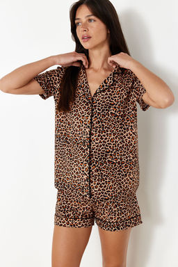 Trendyolmilla Kahverengi %100 Pamuklu Leopar Desenli Sortlu Orme Pijama Tak?m? THMSS24PT00392 фото 2