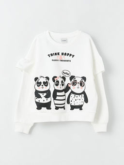 Bisiklet Yaka Bask?l? Uzun Kollu K?z ?ocuk Sweatshirt