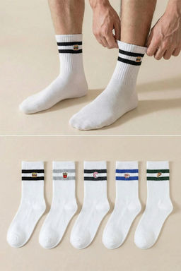 TRENDYOL MAN Beyaz Unisex 5li Nak?sl? Pamuklu Cizgili Kolej-Tenis-Orta Boy Corap TMNAW25CO00022 - Trendyolmilla фото 5