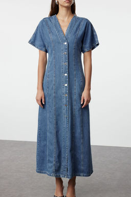 Mavi Dikis Detayl? V Yaka Maxi Denim Elbise TWOAW25EL00088 - Trendyolmilla фото 3