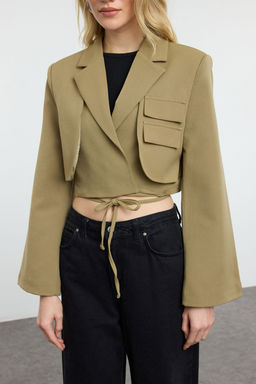 Limited Edition Ac?k Haki Crop Astarl? Kruvaze Dokuma Blazer Ceket TWOAW23BC00076