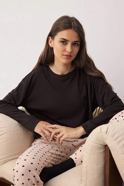 Siyah-Krem Kalpli Yumusak Tuse K?sl?k Orme Pijama Tak?m? THMAW26PT00020