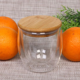Стакан стеклянный с двойными стенками 250мл "Хай-Тек" с бамбуковой крышкой