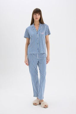 Fall in Love Pijama Tak?m? Cizgili K?sa Kollu Pijama Ustu Esnek Belli Uzun Pijama Alt?