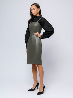 Сарафан зеленый без рукавов с прямоугольным вырезом из искусственной кожи - 1001dress фото 5