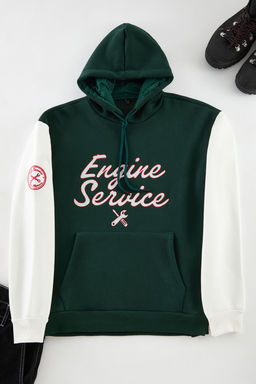 Zumrut Yesili Oversize/Genis Kesim Nak?sl? Renk Bloklu Kapusonlu Ici Polar Sweatshirt TMNAW25SW00044