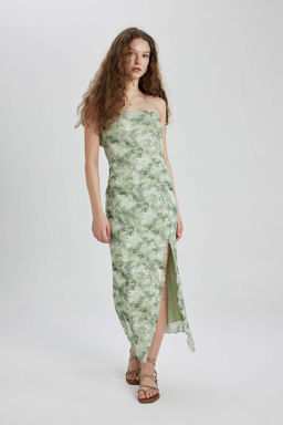 Платье миди из тюля без бретелек с разрезом и рисунком - Defacto фото 3