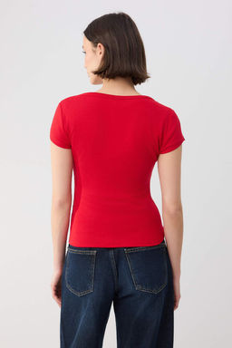 Wardrobe Essentials-K?rm?z? Fitted/Vucuda Oturan Havuz Yaka Yumusak Orme Bluz TWOSS26BZ00362