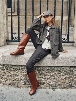 G?mlek Yaka Ekose Oversize Kad?n Ka?e Ceket