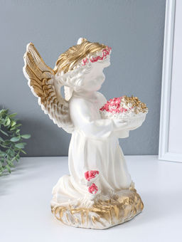 Фигура "Ангел с букетом" перламутр с золотом, 37х23х23 см