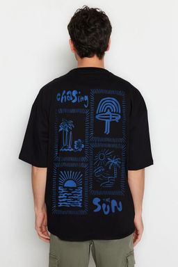 Siyah Oversize/Genis Kesim Bask?l? %100 Pamuklu T-Shirt TMNSS25TS00031