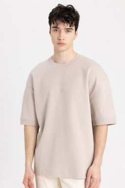 Loose Fit Bisiklet Yaka Bask?l? Ag?r Kumas K?sa Kollu Tisort