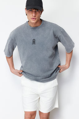 TRENDYOL MAN Gri Oversize/Genis Kesim Eskitme/Soluk Efektli %100 Pamuklu T-shirt TMNSS24TS00146 - Trendyolmilla фото 5